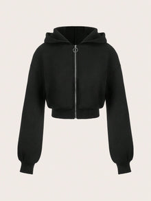 Damen cropped Hoodie mit innovativem Reißverschluss und voluminösen Ärmeln – Schwarz