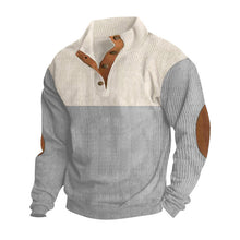 Herren nan rustikaler gerippter Pullover mit Henley-Kragen und lederartigen Ellbogenbesätzen Drune – Apricot + Hellgrau