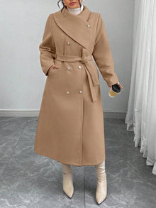 Damen eleganter wärmender Wollmantel mit doppelter Knopfleiste und einem Gürtel – Braun