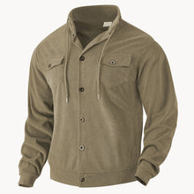 Herren nan strukturierte Cord-Workerjacke mit verdeckter Kapuze, Druckknopfverschluss und aufgesetzten Brusttaschen Drune – Khaki