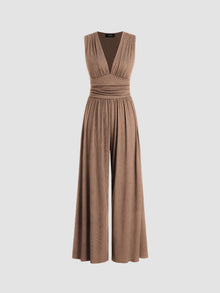 CHARITY – Stilvoller ärmelloser Jumpsuit mit weitem Bein – Camel
