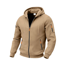 Herren nan funktionale Kapuzen-Sweatjacke mit durchgehendem Reißverschluss, Ärmeltasche und wasserabweisenden Reißverschlüssen Drune – Kamel