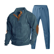 Herren nan strukturiertes Strick-Loungewear-Set mit halber Knopfleiste, kontrastreichen Ellbogenpatches und elastischem Tunnelzug-Jogger Drune – Jeansblau