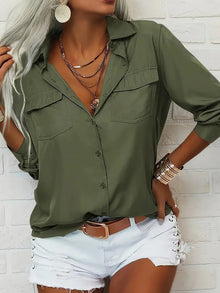 Damen nan leichte V-Ausschnitt Chiffonbluse mit Brusttaschen und geknöpftem Frontverschluss Drune – Armeegrün