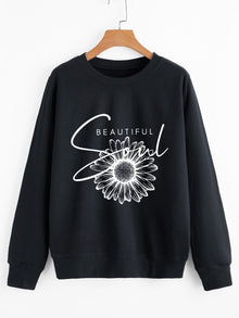 Damen Sweatshirt mit floralem Motiv und inspirierendem Schriftzug – Schwarz