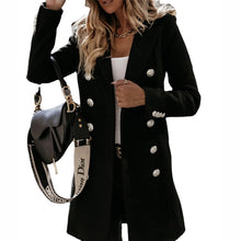 Damen eleganter Wollmantel mit doppelter Knopfleiste und breitem Revers – Schwarz