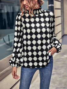 Damen elegante Bluse mit hochgeschlossenem Kragen und grafischem Muster – Schwarz