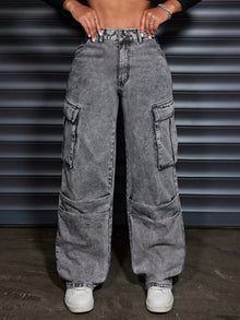 Damen Cargo-Jeans mit hohem Bund und praktischen Seitentaschen – Grau
