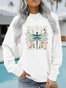 Damen Sweatshirt mit einzigartigem Libellen-Print und botanischem Design – Weiß