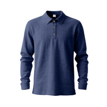 Herren nan langärmliges Baumwoll-Musselin Polohemd mit Holzknopfleiste und klassischem Kragen Drune – Navyblau
