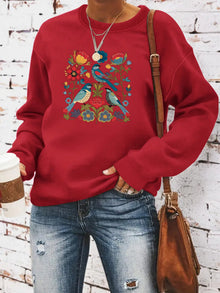 Damen Sweatshirt mit floralem Vogelmotiv und lässigem Schnitt – Rot