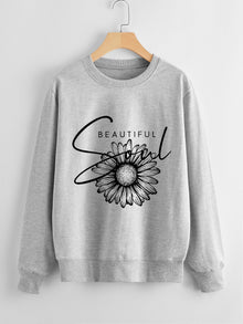 Damen Sweatshirt mit floralem Motiv und inspirierendem Schriftzug – Grau