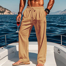 Herren nan maritime Freizeit-Leinenhose mit weitem Bein elastischem Tunnelzug und Bundfalten Drune – Lehmgelb