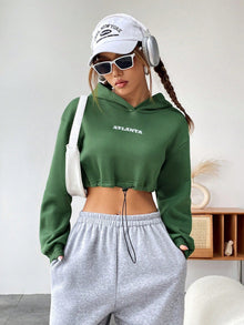 Damen cropped Hoodie mit gesticktem Schriftzug und Kordelzug – Grün