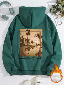 Damen Kapuzenpullover mit urbanem Palmenmotiv und positivem Schriftzug – Dunkelgrün
