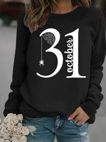 Damen Sweatshirt mit kreativem Halloween-Motiv und bequemer Passform – Schwarz