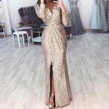 Damen langes Abendkleid mit elegantem Wickelschnitt und Schlitz – Gold