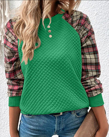Damen Sweatshirt mit Gitterstruktur und karierten Ärmeln – Grün