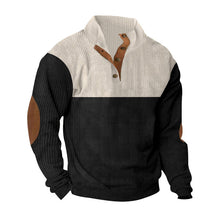Herren nan gerippter Pullover mit Stehkragen, Knopfleiste und Ellbogen-Patches Drune – Apricot + Schwarz