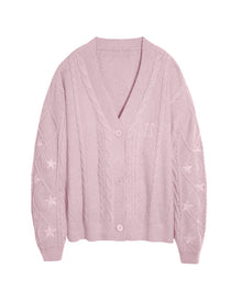 Damen nan großzügiger Grobstrick-Cardigan mit Zopfmuster, V-Ausschnitt und Sternstickereien Drune – Rosa