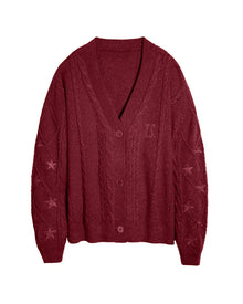 Damen nan großzügiger Grobstrick-Cardigan mit Zopfmuster, V-Ausschnitt und Sternstickereien Drune – Weinrot