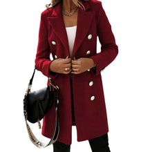 Damen eleganter Wollmantel mit doppelter Knopfleiste und breitem Revers – Burgunderrot