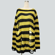 Damen nan Oversized Grobstrickpullover mit breiten Blockstreifen und aufgerissenem Design Drune – Lang Schwarz-Gelb