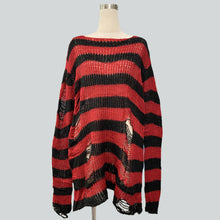 Damen nan Oversized Grobstrickpullover mit breiten Blockstreifen und aufgerissenem Design Drune – Langer Schnitt Schwarz-Rot