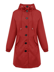 Damen nan leichter Regenparka mit Kapuze, überlanger Knopfleiste, Tunnelzug und aufgesetzten Taschen Drune – Rot