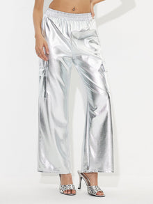 Damen Cargo-Hosen im glänzenden Metallic-Look mit elastischem Bund – Silber