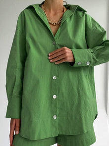 Damen Baumwollset mit Oversized-Bluse und lockerer Hose – Grün