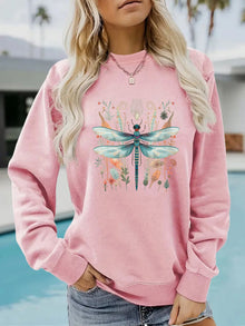 Damen Sweatshirt mit einzigartigem Libellen-Print und botanischem Design – Rosa