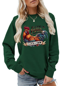 Damen Sweatshirt mit humorvollem Hühnermotiv und bequemer Passform – Dunkelgrün