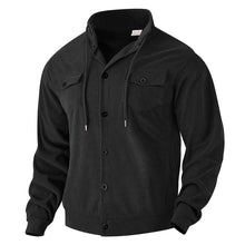 Herren nan strukturierte Cord-Workerjacke mit verdeckter Kapuze, Druckknopfverschluss und aufgesetzten Brusttaschen Drune – Schwarz