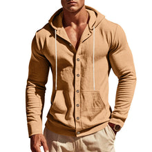 Herren nan figurbetonte Kapuzenhemd-Jacke aus Baumwollmix mit Druckknopfleiste und Kängurutasche Drune – Lehmgelb