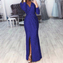 Damen langes Abendkleid mit elegantem Wickelschnitt und Schlitz – Königsblau