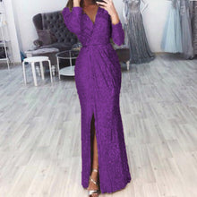 Damen langes Abendkleid mit elegantem Wickelschnitt und Schlitz – Lila
