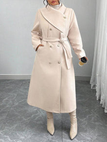 Damen eleganter wärmender Wollmantel mit doppelter Knopfleiste und einem Gürtel – Aprikose
