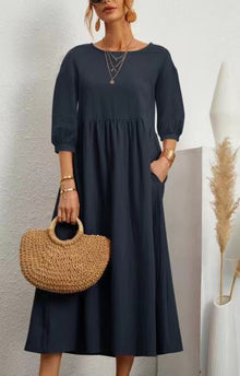 Damen Midi-Kleid mit Ballonärmeln und praktischen Taschen – Dunkelblau