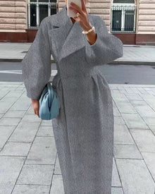 Eleganter langer Damen Trenchcoat – Reverskragen & Laternenärmel – Modern – Grau