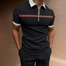 Herren lässiges Kurzarmpoloshirt mit Reißverschluss und sportlichem Streifenmuster Aliams – Schwarz