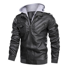 Herren Lederjacke mit abnehmbarer Kapuze und Taschen – Grau