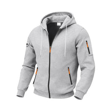 Herren nan funktionale Kapuzen-Sweatjacke mit durchgehendem Reißverschluss, Ärmeltasche und wasserabweisenden Reißverschlüssen Drune – Hellgrau