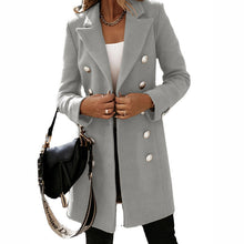Damen eleganter Wollmantel mit doppelter Knopfleiste und breitem Revers – Hellgrau