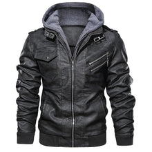 Herren Lederjacke mit Kapuze und Taschen – Schwarz