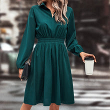 Damen elegantes Midi-Kleid mit Taillengummi und Puffärmeln – Grün