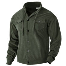 Herren nan strukturierte Cord-Workerjacke mit verdeckter Kapuze, Druckknopfverschluss und aufgesetzten Brusttaschen Drune – Militärgrün