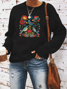 Damen Sweatshirt mit floralem Vogelmotiv und lässigem Schnitt – Schwarz