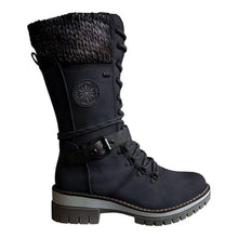 Damen nan gefütterte Schnürstiefel mit gestricktem Schaftbund, dekorativem Schnallenriemen und profilierter Gummisohle Drune – Schwarz