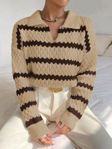 Strickpullover mit Kragen | Strukturmuster | Gestreifter Look – Khaki
